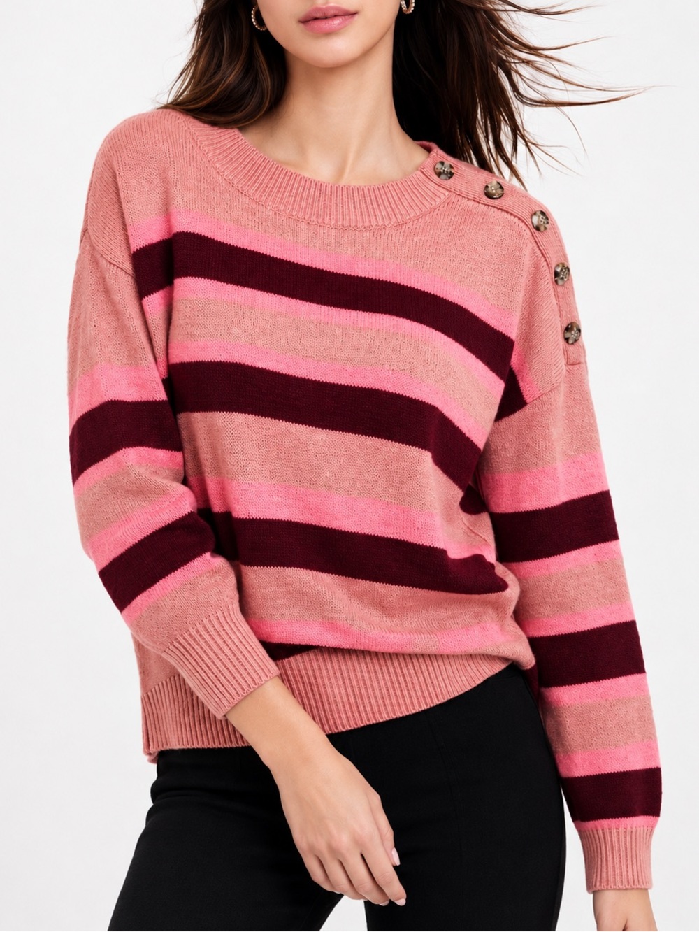 LOFT Striped Button Shoulder Sweater XL Pink Burgundy Preppy Cotton Blend